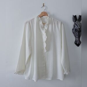 Vintage Ruffled Front Long-Sleeve Blouse